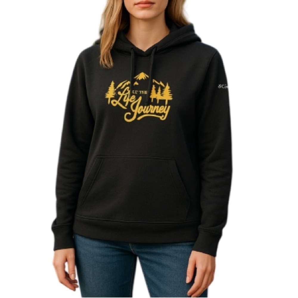 COLUMBIA Graphic Hoodie Black Mustard Yellow Live The Journey Sweatshirt Size XS